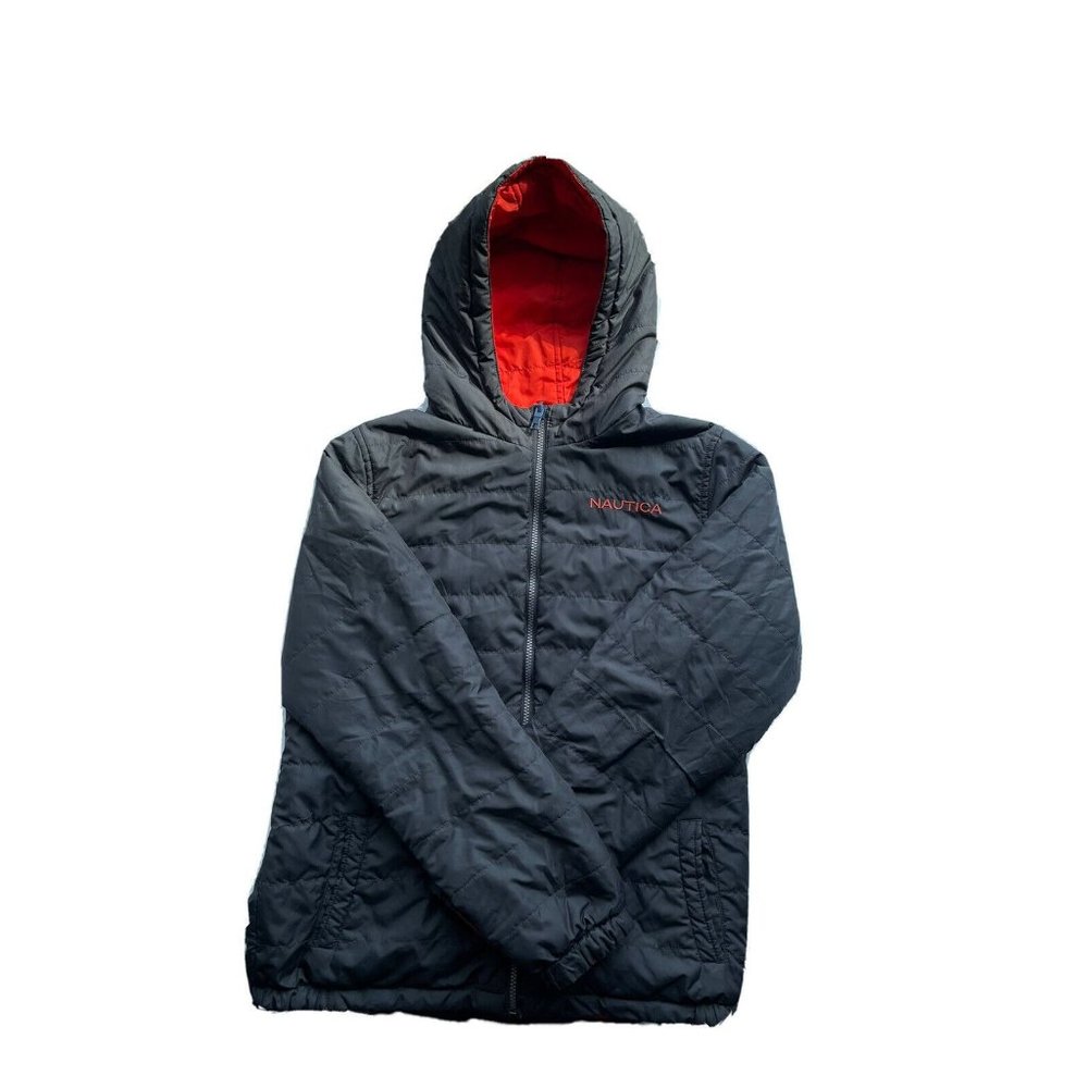 Nautica Jacket BOYS XL 18-20 Black/Orange REVERSIBLE Puffer Outdoor Full Zip